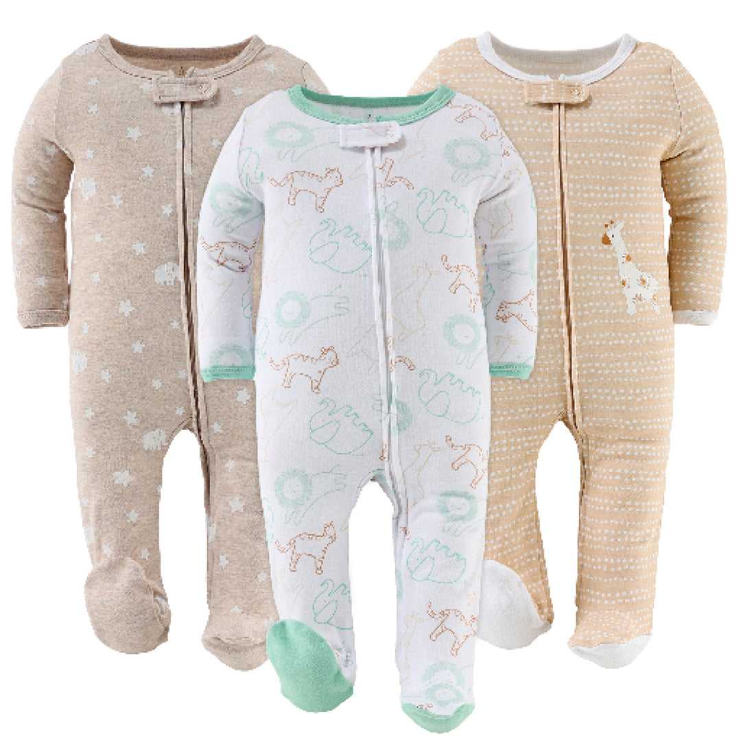 Serene Safari Footed Baby Sleepers for Boys and Girls, 3-Pack, 0 to 3 Months